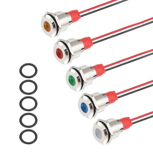 PATIKIL 5�Z�b�g 12mm�i15/32�C���`�j�C���W�P�[�^�[���C�g�A12V-24V AC/DC 20mA LED���^���M�������v �h��IP67�t���b�g�w�b�h�M���� 150mm�i5.9�C���`�j�P�[�u���t�� �ԗ�/�D���p ��/��/��/��/��