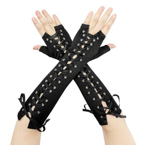 Elerevyo Women's Satin Lace Up Fingerless Gloves Solid Color Elbow Length Cover Arm Warmers for Party Black and Black Ribbon One Size