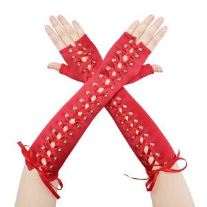 Elerevyo Women's Satin Lace Up Fingerless Gloves Solid Color Elbow Length Cover Arm Warmers for Party Red and Red Ribbon One Size