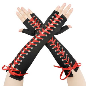 Elerevyo Women's Satin Lace Up Fingerless Gloves Solid Color Elbow Length Cover Arm Warmers for Party Black and Red Ribbon One Size