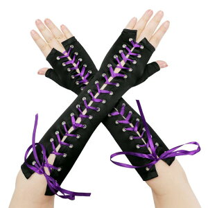 Elerevyo Women's Satin Lace Up Fingerless Gloves Solid Color Elbow Length Cover Arm Warmers for Party Black and Purple Ribbon One Size