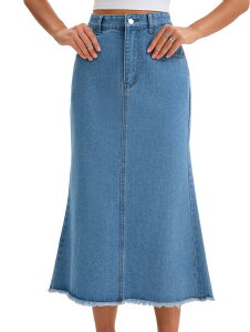 CIMUK Women Denim Skirt Maxi A Line High Waisted Raw Hem Casual Jean Skirt Sky Blue S