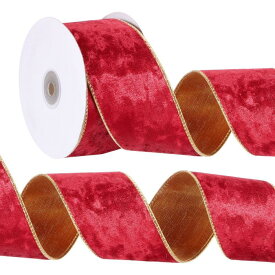 PATIKIL 2.5"×10ヤード ベルベットワイヤリボン ベルベット金色 クラッシュリボン クラフト用 両面ギフト包装バインディング リース クリスマスツリー 装飾用 明るいレッド