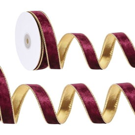 PATIKIL 1"×10ヤード ベルベットワイヤリボン ベルベット金色 クラッシュリボン単面ギフト包装バインディング クラフトボウリースクリスマスツリーデコレーション用 ワインレッド