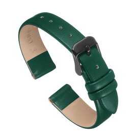 uxcell グリ ーンの本物のレザーバンド、14mm幅、フラットで薄いエレガントなレザーウォッチストラップ、黒バックル、男性と女性用