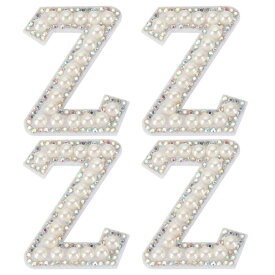PATIKIL パールレターパッチ、4個の白いシェニールレターグリッターラインストーンアルファベットアップリケ布パッチ、衣類、ジャケット、バックパック、帽子用のアイロン、Z