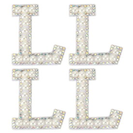 PATIKIL パールレターパッチ、4個の白いシェニールレターグリッターラインストーンアルファベットアップリケ布パッチ、衣類、ジャケット、バックパック、帽子用のアイロン、l
