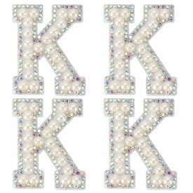 PATIKIL パールレターパッチ、4個の白いシェニールレターグリッターラインストーンアルファベットアップリケ布パッチ、衣類、ジャケット、バックパック、帽子用のアイロン、K