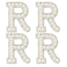 PATIKIL パールレターパッチ、4個の白いシェニールレターグリッターラインストーンアルファベットアップリケ布パッチ、衣類、ジャケット、バックパック、帽子用のアイロン用、R