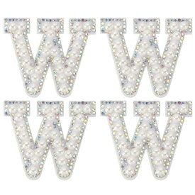 PATIKIL パールレターパッチ、4個の白いシェニールレターグリッターラインストーンアルファベットアップリケ布パッチ、衣類、ジャケット、バックパック、帽子用のアイロン、W
