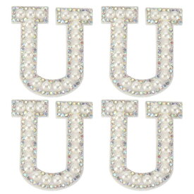 PATIKIL パール文字パッチ、4個の白いシェニール文字グリッターラインストーンアルファベットアップリケ布パッチ、衣類、ジャケット、バックパック、帽子用のアイロン用、U