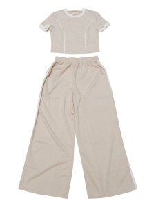 ONFERS Onfers レディース 2ピース アウトフィット スウェットスーツセット 半袖 クルーネック クロップ)トップ ワイドレッグパンツ カーキ L