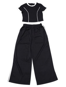 ONFERS Onfers レディース 2ピース アウトフィット スウェットスーツセット 半袖 クルーネック クロップ)トップ ワイドレッグパンツ ブラック L