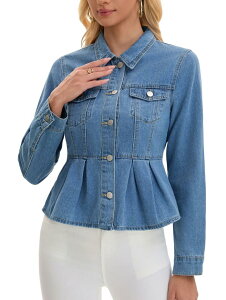 CIMUK Women's Denim Jacket Button Down Collar Ruffle Hem with Pockets Peplum Jean Jackets Light Blue XL