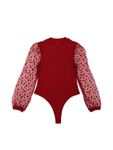 Seta T Women's Bodysuit Mock Neck Polka Dot Mesh Sheer Long Sleeve Slim Fit Ribbed Bodysuits Dark Red L