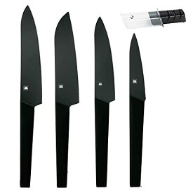 佐竹産業 ブラック (BLACK) 牛刀＋三徳包丁＋ペティナイフ＋パーリングナイフ＆シャープナー 5点セット（AB004＆AB003＆AB001＆AB002＆AP-0162）