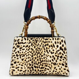 GUCCI（グッチ）ニムフェア 2WAY ハンドバッグ ショルダーバッグ レオパード ハラコ バンブーハンドル ブラック ゴールド金具 459076 レディース【中古】