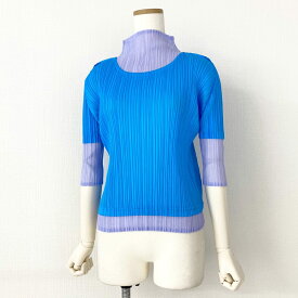 PLEATS PLEASE ISSEY MIYAKE プリーツプリーズ イッセイミヤケ 日本製 PP51-JK552 メッシュ切替 ハイネック 長袖プリーツカットソー ロングスリーブ トップス 3 ブルー パープル MADE IN JAPAN 【中古】