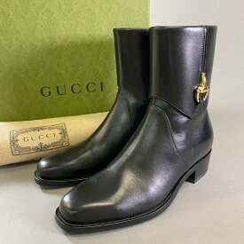 《新品保管品》GUCCI グッチ アンクルブーツ ホースビット アーモンドトゥ 750320 6 ブラック レザー メンズk02i【中古】