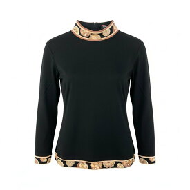 LEONARD FASHION レオナール モックネック 長袖カットソー ロングスリーブ 切替プリント カンカン素材 レディース 女性用 M ブラックu02t中古
