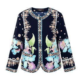 【美品】 LEONARD FASHION レオナール ロングスリーブカーディガン カンカン素材 総柄プリント ロゴボタン 0159418 サイズL ネイビー レディース 女性用u02t 【中古】