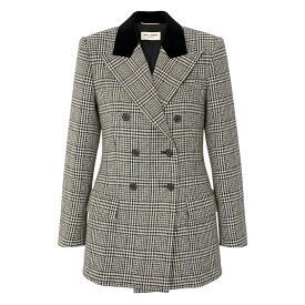 SAINT LAURENT PARIS サンローラン ツイードジャケット ロングジャケット ダブルブレスト グレンチェック サイズF38 ブラック ホワイト レディース 女性服u02t 【中古】