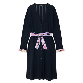 【美品】 LEONARD FASHION レオナール ロング ニットカーディガン カンカン素材切替 リブニット 長袖 花柄プリント サイズ38 ブラック レディース 女性用u02t 【中古】