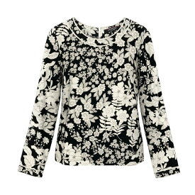 LEONARD FASHION レオナール ロングスリーブ カットソー カンカン素材 花柄プリント サイズL ブラック ホワイト レディース 女性服u02t 【中古】