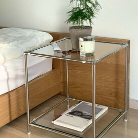 O'gre オグレ ステンレスモジュール家具キューブサイドテーブル 韓国インテリア カラーガラス選択可能 幅41cm サイドテーブル おしゃれ ガラス 正方形 2段 ソファサイドテーブル ベッドテーブル ディスプレイラック