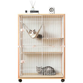 猫 ケージ キャットケージ 2段 木製フレーム ハンモック付 広々 大型 猫ゲージ 留守番 保護 脱走防止 多頭飼い 多頭 スチール ペットケージ