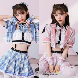 [正規品] 悪魔 サキュバス デビル コスチューム コスプレ サキュバス衣装 デビルコスプレ コスプレデビル 制服 コスチューム 衣装 仮装 チェック柄 レディース 大人 女性 Malymoon マリームーン チェック 制服コスチューム ブルー ピンク フリーサイズ ml9780