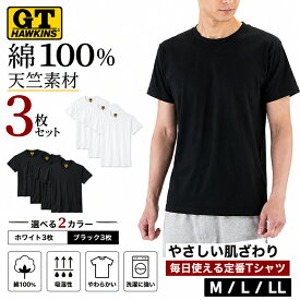 G.T.HAWKINS ホーキンス Tシャツ メンズ 3枚組 綿100％ 天竺 半袖 丸首 クルーネック コットン 無地 インナー 肌着 白3枚 黒3枚 M L LL GUNZE グンゼ hk15133