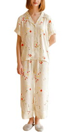 [Euyqs] パジャマ レーヨンサテン レディース ルームウェア 上下セット 半袖トップパンツ (花柄-ベージュ, S)