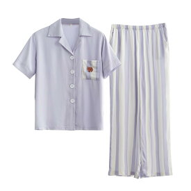 [Euyqs] パジャマ レーヨンサテン レディース ルームウェア 上下セット 半袖トップパンツ (アッシュパープル, L)