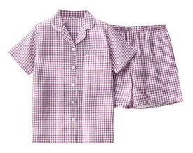 [Euyqs] 美しい パジャマ 綿 二重ガーゼ 半袖 ショーツ 上下セット ネグリジェレディース (#7 チェックパープル, L)