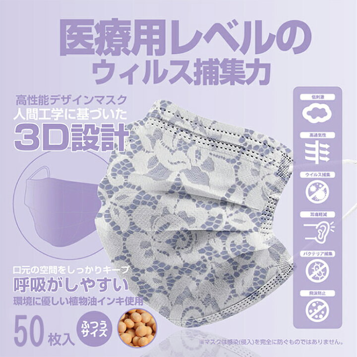 楽天市場 マスク 50枚 レースマスク 不織布マスク 使い捨てマスク 超快適マスク 可愛い マスク レース柄 保護マスク 大人用サイズ 三層構造 大人用 マスク 超立体マスク 高密度フィルター 通気性 一次性防護 通勤 お出かけ安心 らくらく