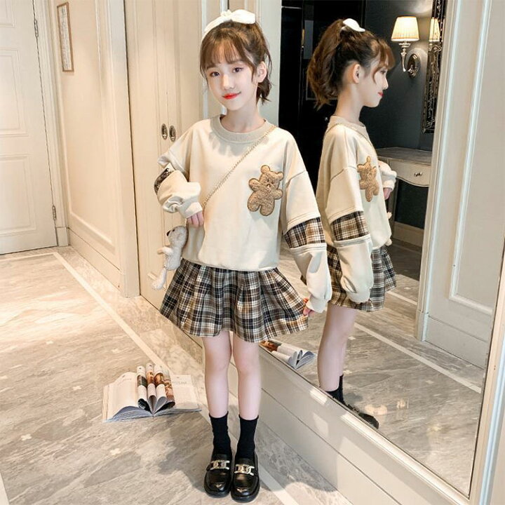 楽天市場 上下セット パーカー スカート 制服 女の子 キッズ チェック柄 子ども服 学生服 セットアップ 重ね着 ベスト フォーマル セット 2点セット 長袖 スカートスーツ 中学生 Jk服 可愛い 通学 春 秋 送料無料 らくらく