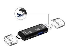 USBマルチカードリーダー USB2.0 microUSB TypeC対応 伸縮変形タイプ 《ブラック》[定形外郵便、送料無料、代引不可]