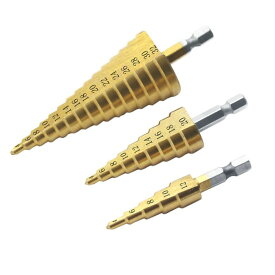 ステップドリル 六角軸 3本セット 高速度鋼4241 チタンメッキ 電動ドリル 木材 アルミ 穴あけ タケノコドリル[ゆうパケット発送、送料無料、代引不可]