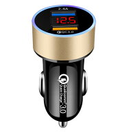 合計6A 急速充電 シガーソケット USBカーチャージャー 《ゴールド》 QC3.0 2台同時 2ポート 電圧計搭載 …