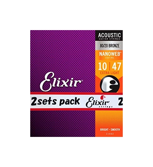 Elixir エリクサー アコースティックギター弦 NANOWEB 80 20ブロンズ Extra Light .010-.047 #11002 2個セット [定形外郵便、送料無料、代引不可]