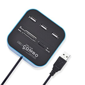 USB2.0 コンボ カードリーダー USBハブ ブルー 3ポート micro SD メモリースティック MMC[定形外郵便、送料無料、代引不可]
