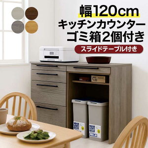 キッチンカウンター スライドテーブル付き 幅120cm 間仕切り コンセント ゴミ箱 ダストボックス 付き グレー レンジ台 食器棚 ロータイプ 大容量 スライドテーブル付きキッチン収納 白 ホワ