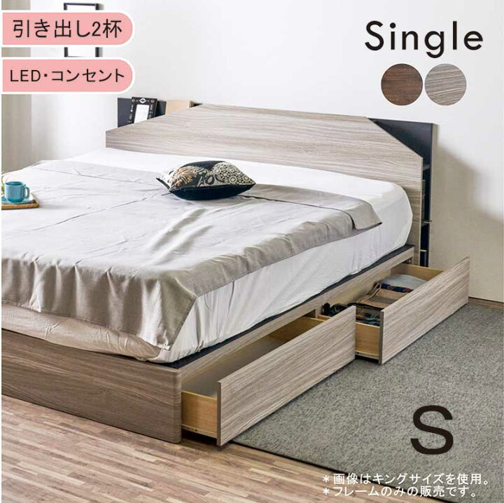 楽天市場】シングルベッド 収納付き フレーム すのこ グレー 引き出し2 収納付きシングルベッド×2(キングサイズ)