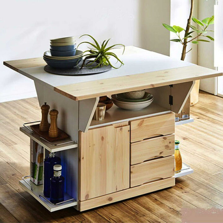楽天市場 キッチンカウンター テーブル キャスター付き 幅90cm 間仕切り キッチンワゴン バタフライ キッチン 作業台 両バタフライテーブル 収納付き バタフライ天板 ダイニングテーブル 伸縮 パイン材 ホワイト 北欧 モダン ナチュラル おしゃれ コンパクト 省スペース
