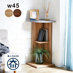 コーナー 棚 収納 幅45cm 2段 スリム コンセント付き リビング 収納 すきま収納 コーナーラック コーナーシェルフ シェルフ 隙間収納 ディスプレイラック グレー ナチュラル ブラウン 木製 お