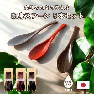 【送料無料★1000円ポッキリ!】細身スプーン 5本セット 子ども 持ちやすい 食洗機対応 日本製 ダークブラウン グロッシーレッド ブラック 19cm ◆ スプーン プラスチック おしゃれ 軽い 割れ