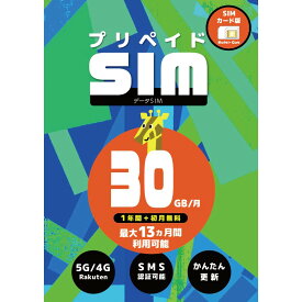 プリペイドSIM 日本 30GB 月 SMS認証可能 最大13ヶ月 1年間有効 大容量 楽天モバイル SIMカード 日本 海外 rakuten Prepaid SIM プリペイド データ専用 4GLTE 5G対応 japan (R 30GB SMS 12M)