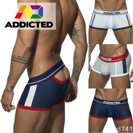 ADDICTED(アディクティッド) ボクサーパンツ ボクサー ローライズ メッシュ 伸縮 速乾 バックオープン 前閉じ メンズ下着 男性下着 アンダーウェア メンズ ロゴ セクシー ジム スポーツ AD741