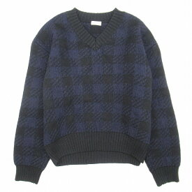 【中古】美品 18aw ドリスヴァンノッテン DRIES VAN NOTEN チェック ミドルゲージ ニット オーバーサイズ セーター メリノウール カシミヤ混 Vネック ビッグシルエット XS 紺 ネイビー 黒/▲I31/レディース 【ベクトル 古着】 240109